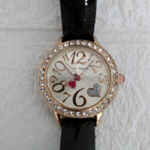 Betsey Johnson Watch XoX Crystal Rhinestone Gold Tone Bezel Black Leather Band